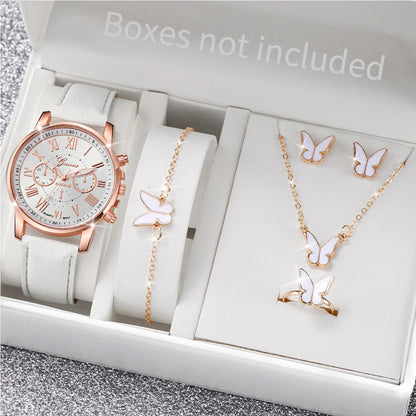 5/6PCS Fashion Women's Quartz Watch Leather Band Analog Wrist Watches Heart Rhinestone Jewelry Set(Without Box) - A Without B