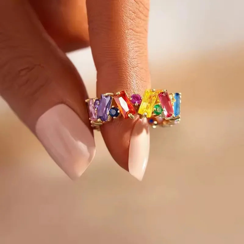 New Irregualr Design Colorful CZ Women Rings Gold Color/Silver Color Geometric CZ Rainbow Rings Luxury Trendy Exquisite Jewel