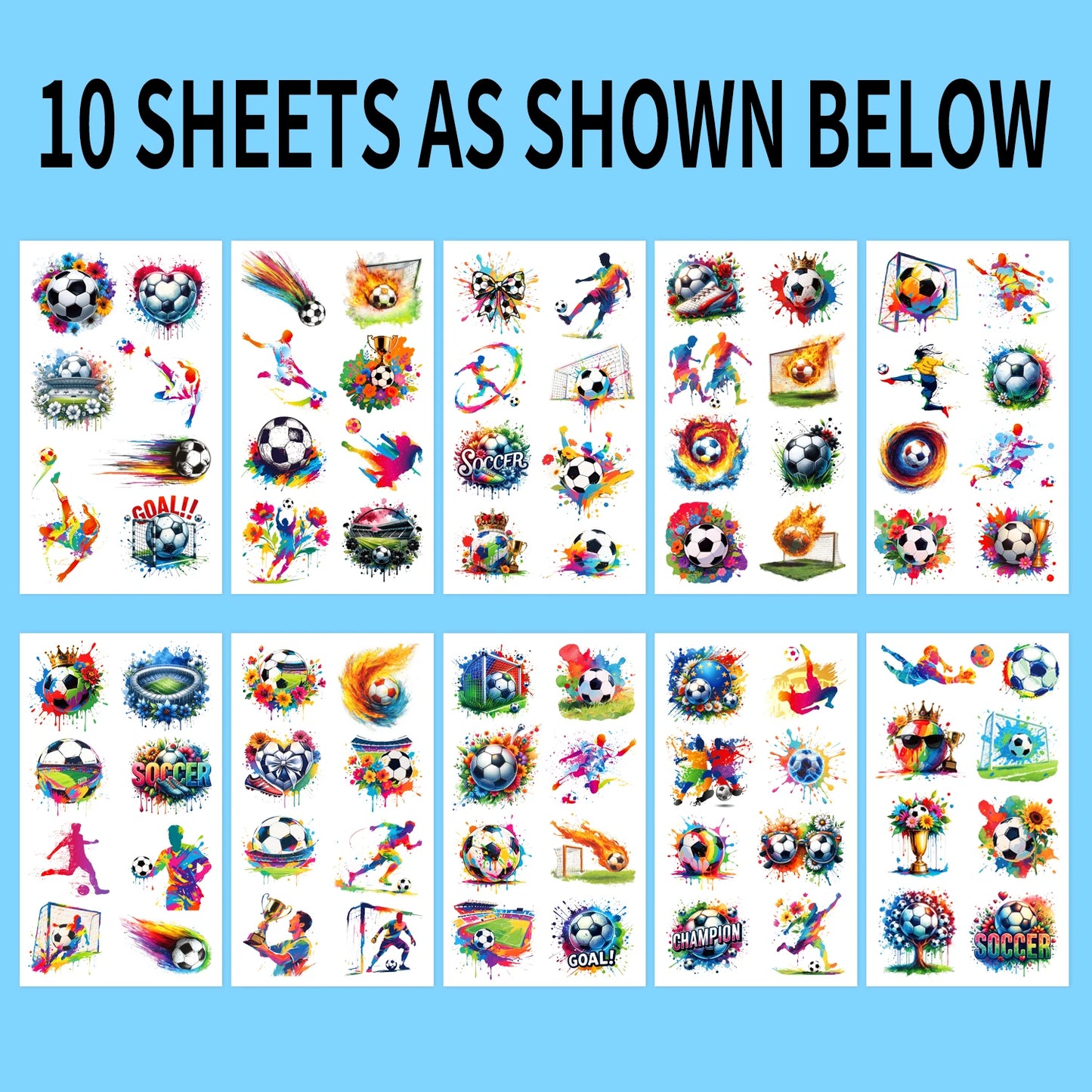 10 Sheets Soccer Sports Temporary Tattoos | Super Colorful Soccer Themed Birthday Party Favors, Supplies, Decorations