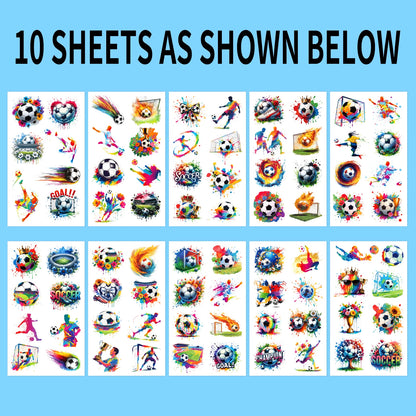 10 Sheets Soccer Sports Temporary Tattoos | Super Colorful Soccer Themed Birthday Party Favors, Supplies, Decorations
