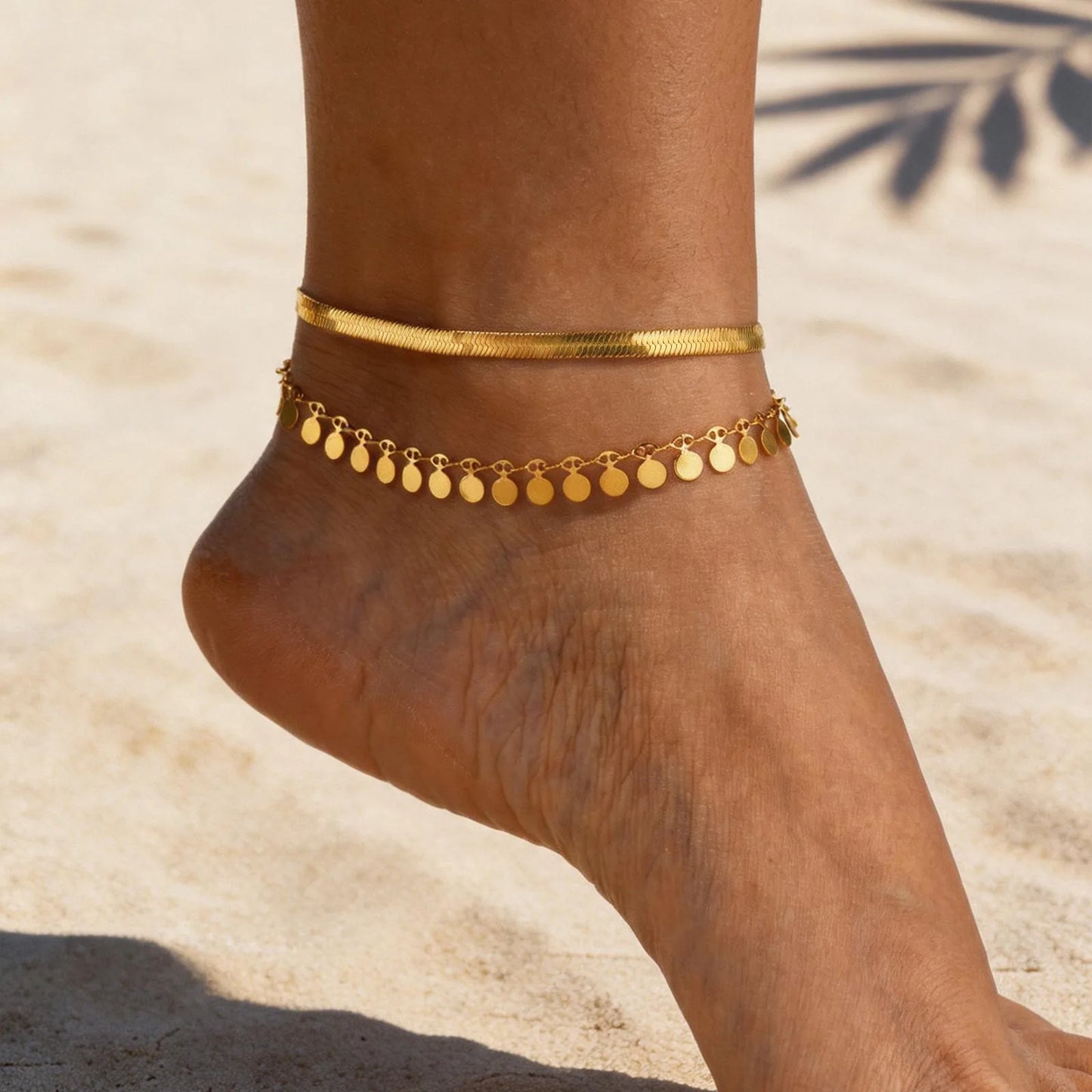 Anklet Set Layered for Women 18K Gold Plated Stainless Steel Flat Snake Chain Round Disk Waterproof Jewelry