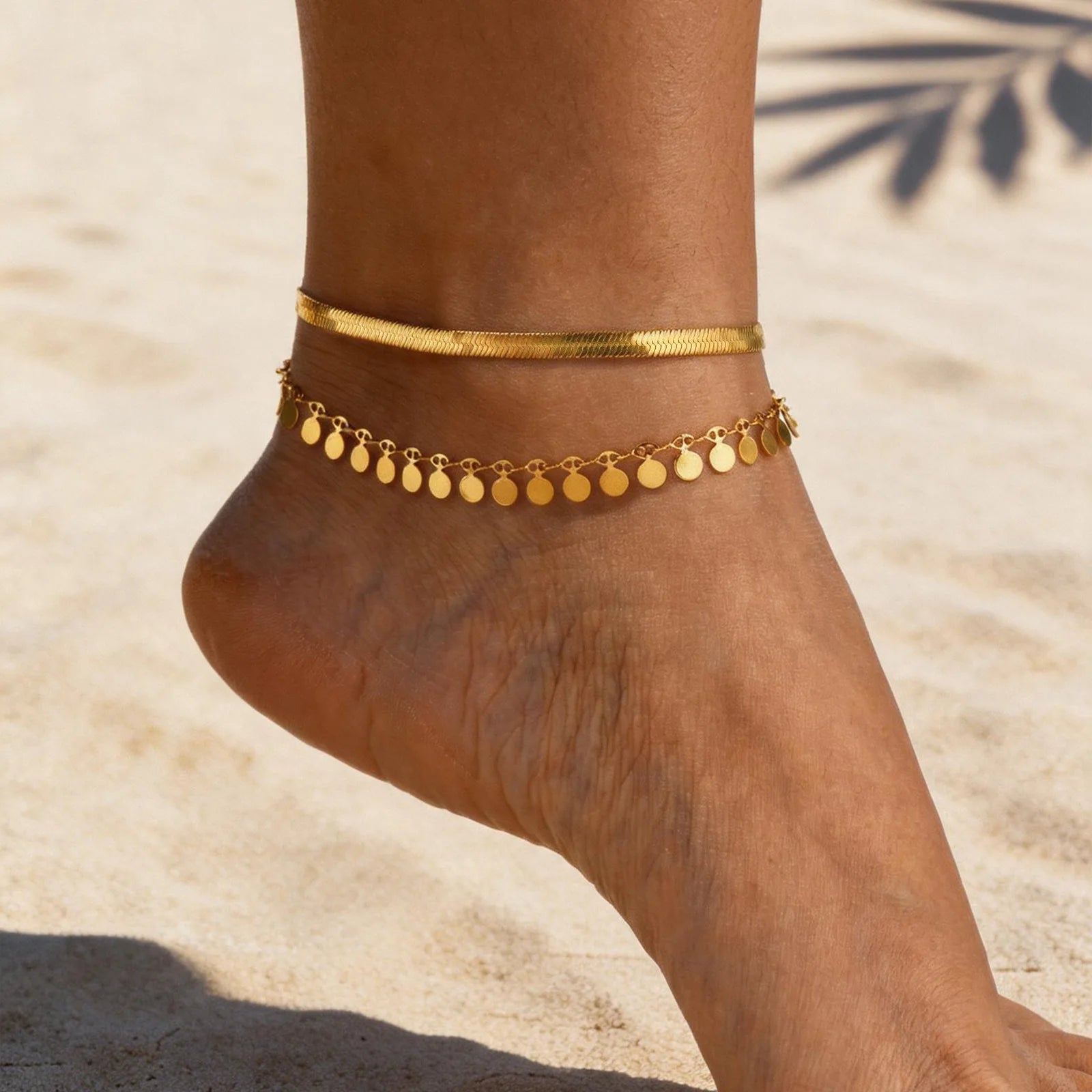 Anklet Set Layered for Women 18K Gold Plated Stainless Steel Flat Snake Chain Round Disk Waterproof Jewelry