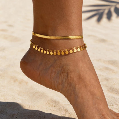 Anklet Set Layered for Women 18K Gold Plated Stainless Steel Flat Snake Chain Round Disk Waterproof Jewelry