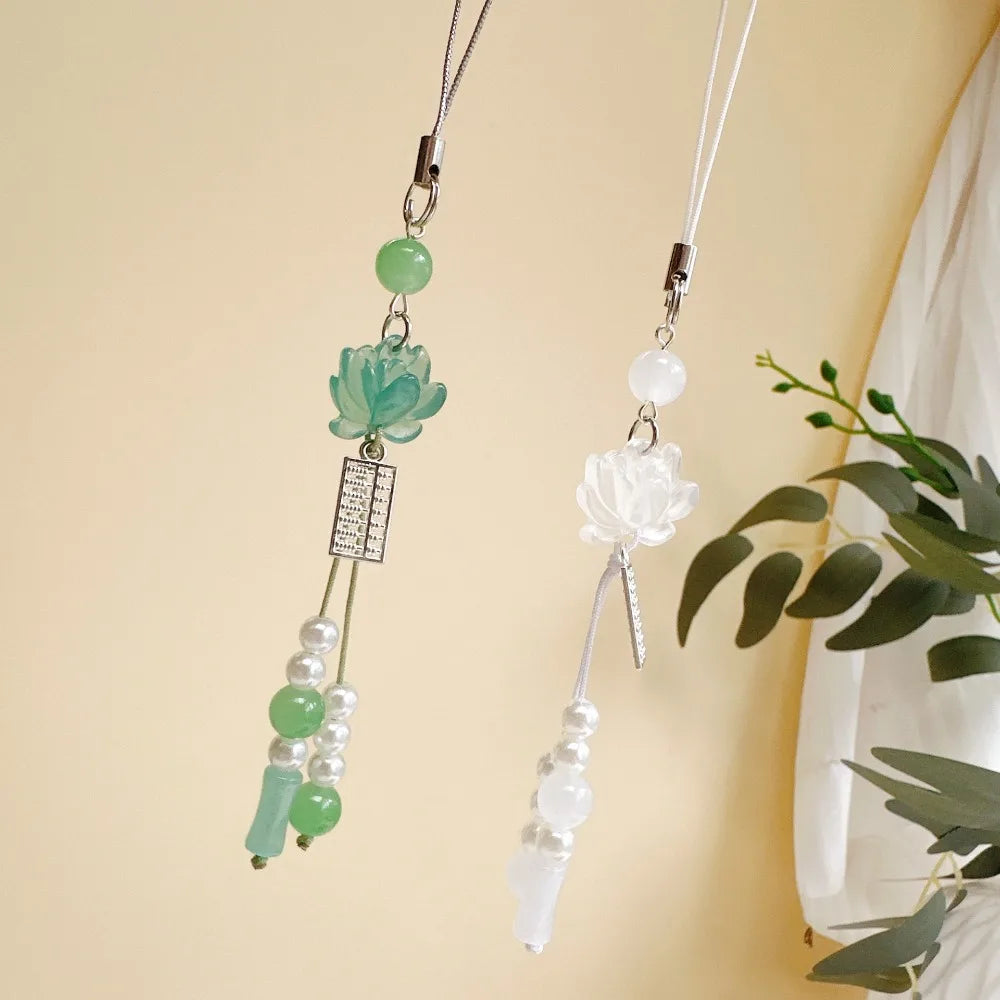 New Chinese-style Handmade Beaded Lotus Pendant Key Chains Mobile Phone Chain for Women Men Ethnic Charm Jewelry Accessory Gi