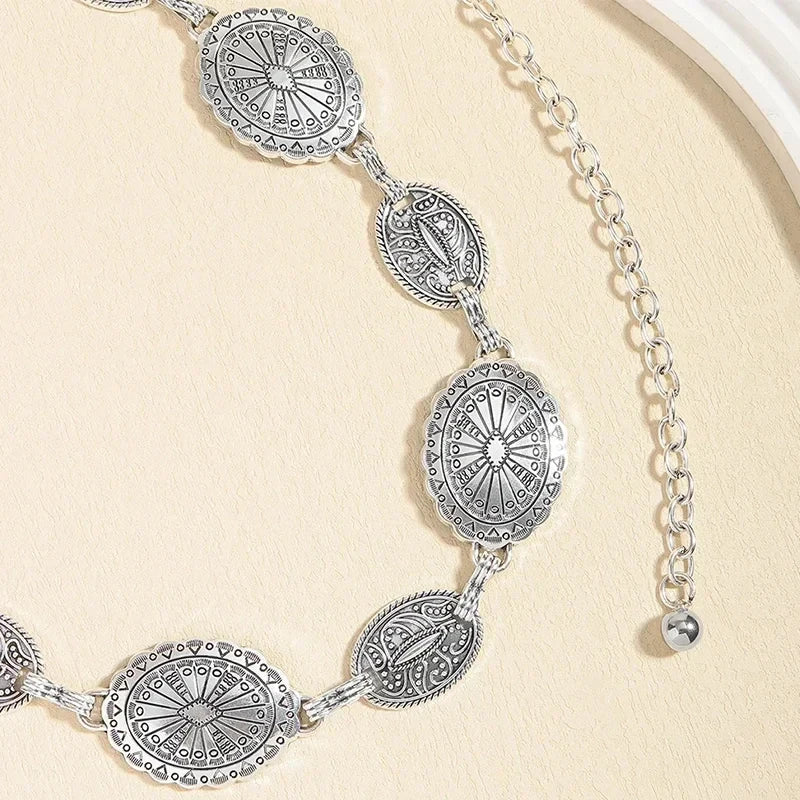 Retro Metal Waist Chain for Women Carved Round Decorative Belt Fashion Waist Jewelry Dress Accessories