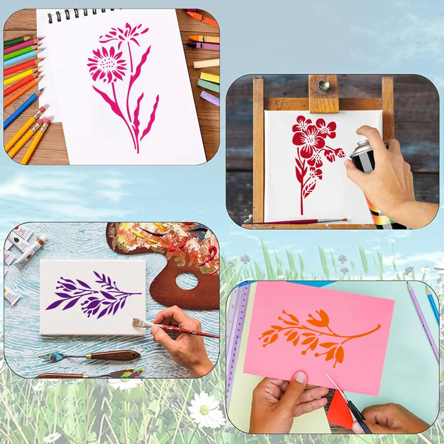 **18 Pcs DIY Flower Painting Stencils, Reusable Plastic Templates for Wood, Fabric, Paper - Spray Paint & Graffiti Craft Supp