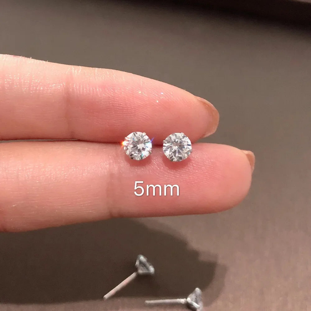 100% Real 925 Sterling Silver Jewelry Women Fashion Cute Tiny Clear Crystal CZ Stud Earrings Gift for Girls Teens Lady - 5MM