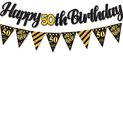 Black Gold Happy 21 30 40 50 60 70th 80th 90th Birthday Banner Garland Hanging for DIY Adult Party Decoration - 50