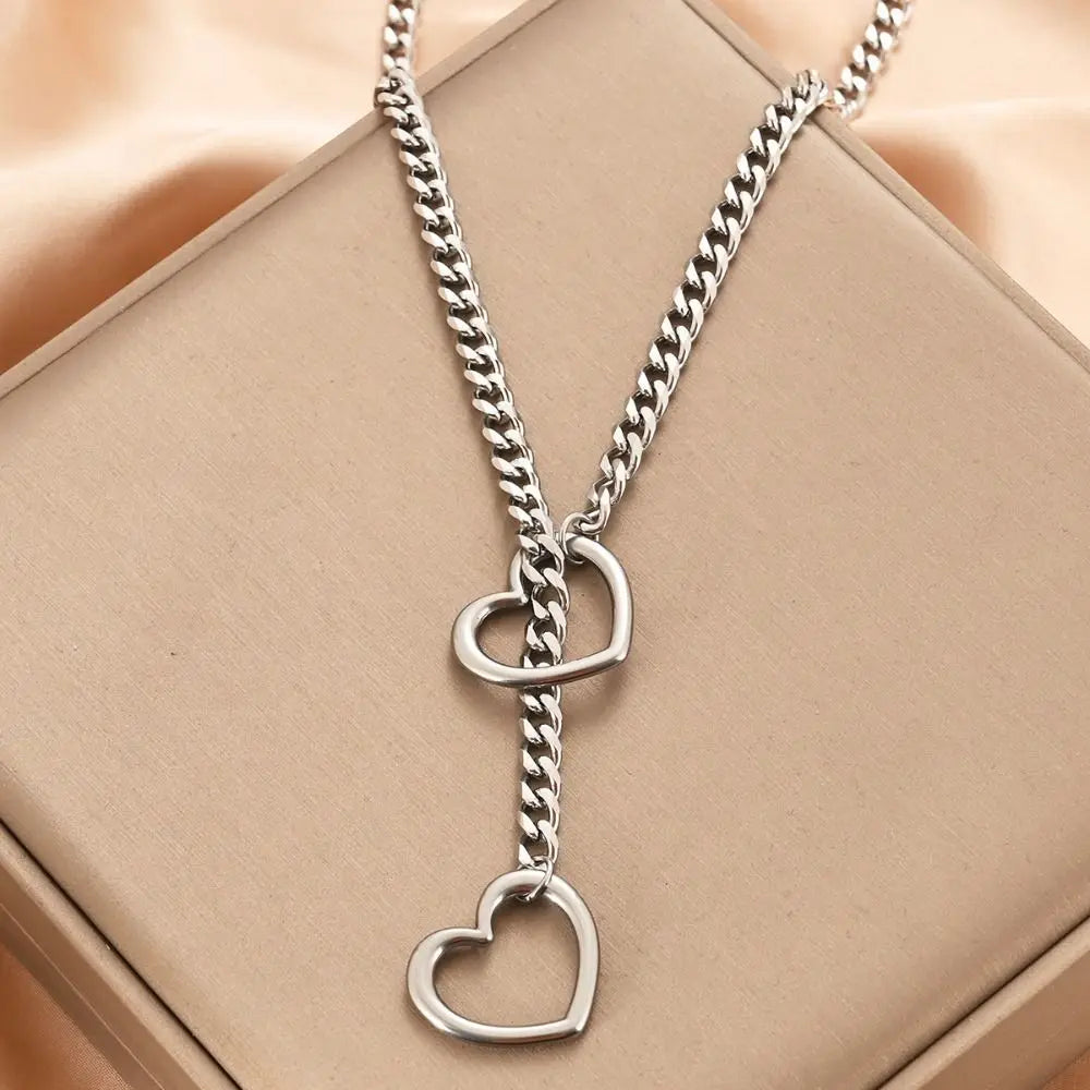 Heavy Lariat Heart Necklace Personality Punk Rock Stainless Steel Slip Chain Ring Slipchain Choker Collar For Women Men