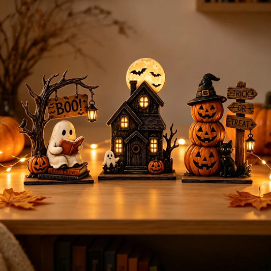 Vintage Halloween Wooden Ornament Ghosts House Figurines Stacked Pumpkin Spooky Tabletop Festive Seasonal Desktop Party Decor