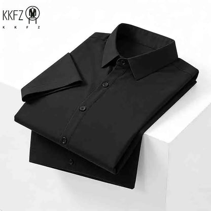 Minimalist Men's Solid Navy Blue Short Sleeve Button Shirt Slim Fit Casual Top for Everyday Outfits