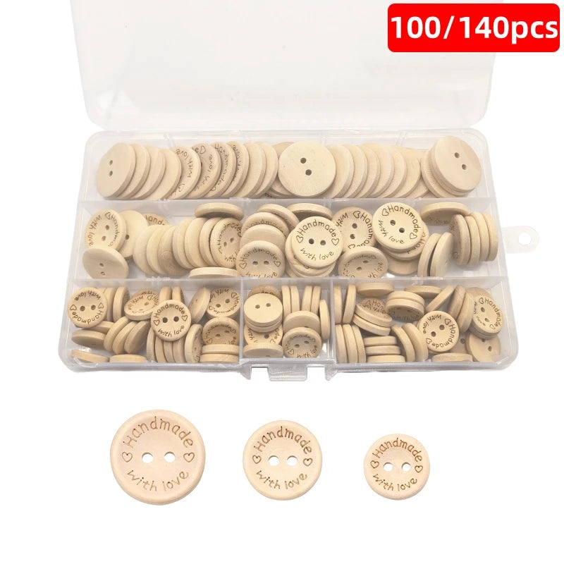 100/140 Pcs Assorted Sizes Wood Buttons Set, Natural Khaki Handmade with Love Tags for Sewing,Crafting, DIY Clothing Accessor