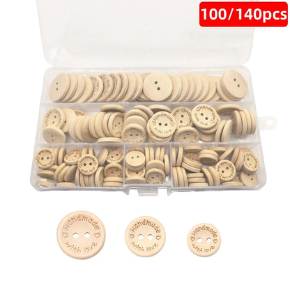 100/140 Pcs Assorted Sizes Wood Buttons Set, Natural Khaki Handmade with Love Tags for Sewing,Crafting, DIY Clothing Accessor
