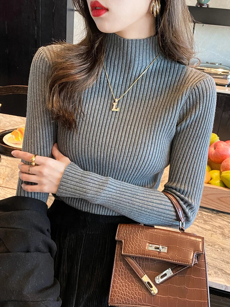 Elegant Solid Basic Knitted Tops Women Turtlneck Sweater Long Sleeve Casual Slim Pullover Korean Fashion Simple Chic Clothes 