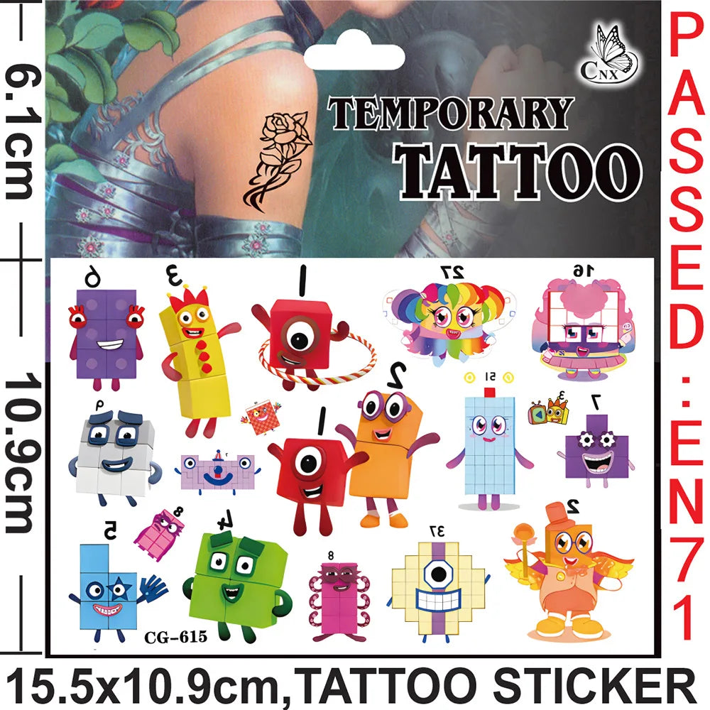 Building Block Numbers Tattoo Stickers Waterproof Cute Birthday Party Supplies Reward Toy for Kids Decoration Christmas Gift 