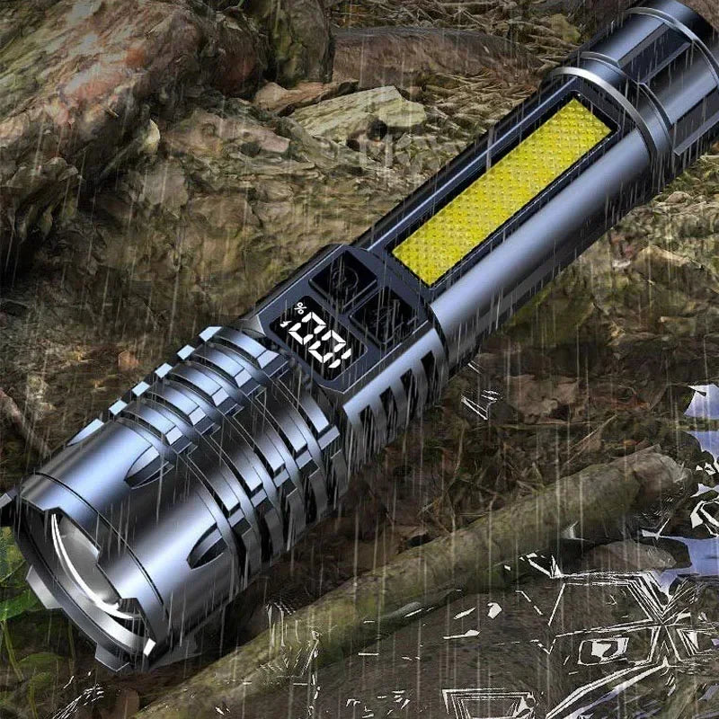 High Power LED Flashlights With Display Screen Zoom Tactical Torch Portable Rechargeable Lamp with Emergency Side Light Lante