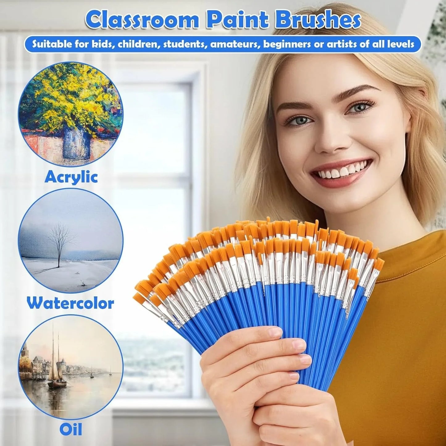 20-200Pcs Painting Brushes Set Art Round Flat Nylon Hair Paint Brush for Oil Acrylic Watercolor Kids/Artists/Beginners/Studen