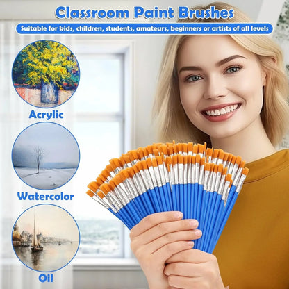 20-200Pcs Painting Brushes Set Art Round Flat Nylon Hair Paint Brush for Oil Acrylic Watercolor Kids/Artists/Beginners/Studen
