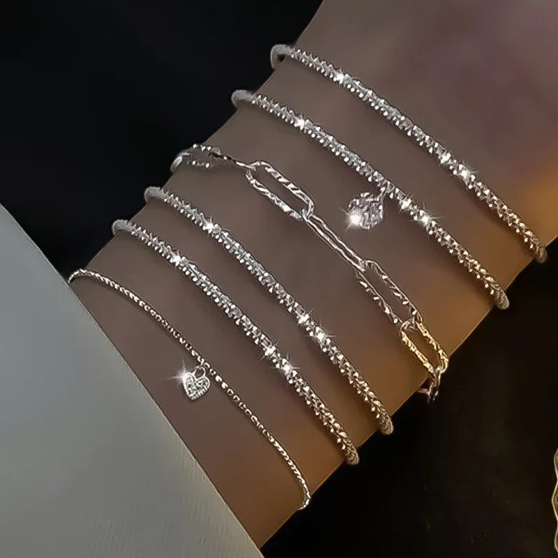 6Pcs 925 Sterling Silver Rhinestone Bracelets for Women Girls Luxury Korean Sparkling Starry Sky Charm Bracelets Party Jewelr