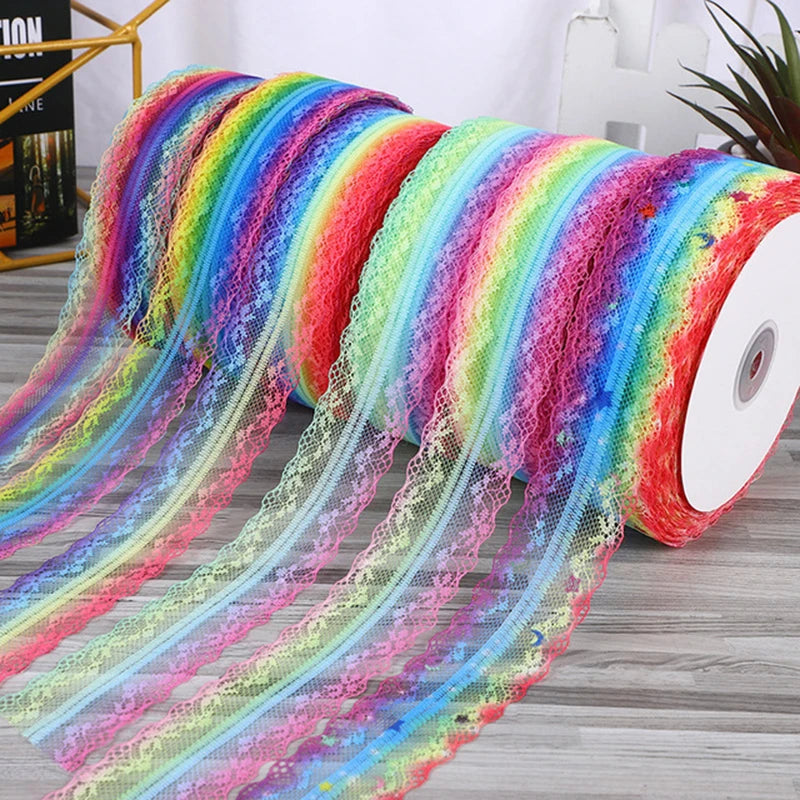 4cm 5yards Colorful Rainbow Net Fashion Ribbon Lace Trim Wedding DIY Dress Garment Edging Bag Decoration Accessories Bows H80
