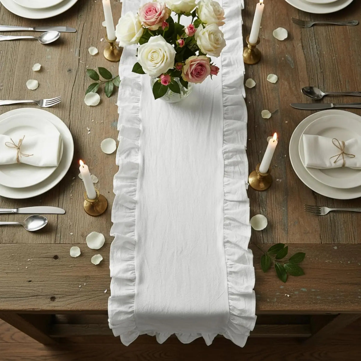 Ruffle Table Runner 100% Cotton Fabric Farmhouse Rustic Ruffled Edge Table Runner Wedding Decor for Christmas Holiday Baby Sh