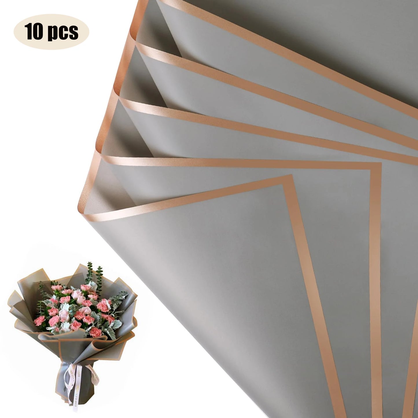 10 Sheets Flower Wrapping Paper with Golden Edges, Waterproof Bouquet Packaging - Ideal for DIY Weddings & Birthdays - 08-Gre