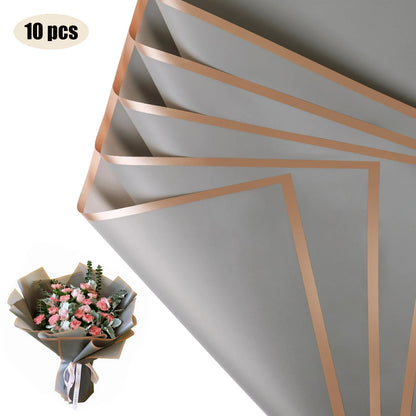10 Sheets Flower Wrapping Paper with Golden Edges, Waterproof Bouquet Packaging - Ideal for DIY Weddings & Birthdays - 08-Gre