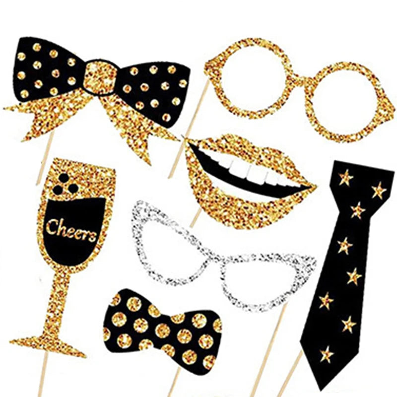 30pcs Black Golden Party Photo Booth Props for Birthday Weddings Graduation Prom New Year Party Supplies Hats Lipstick Tie Cr
