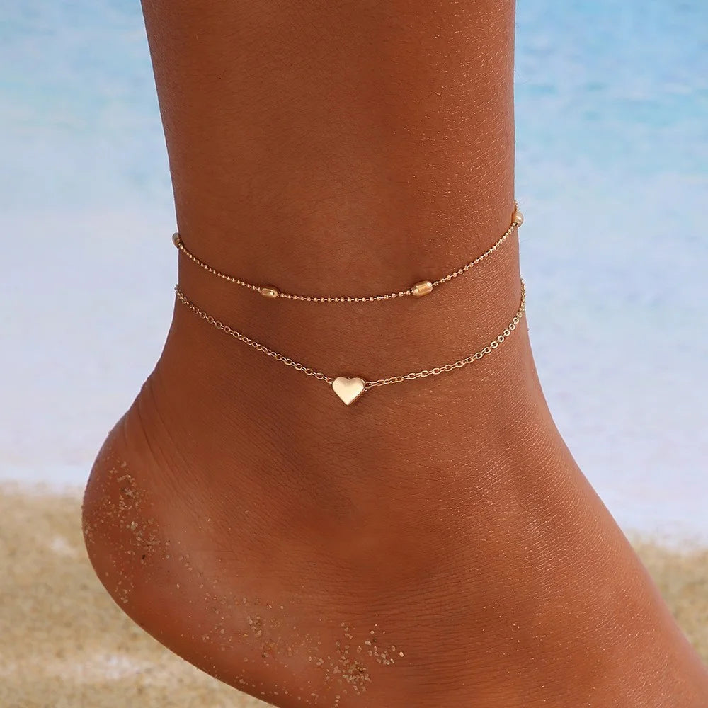 5 Pcs Exquisite Metal Butterfly Star Heart Pendant Anklets Set Bohemia Vintage Pearl Pendant Foot Bracelet Beach Woman Jewelr