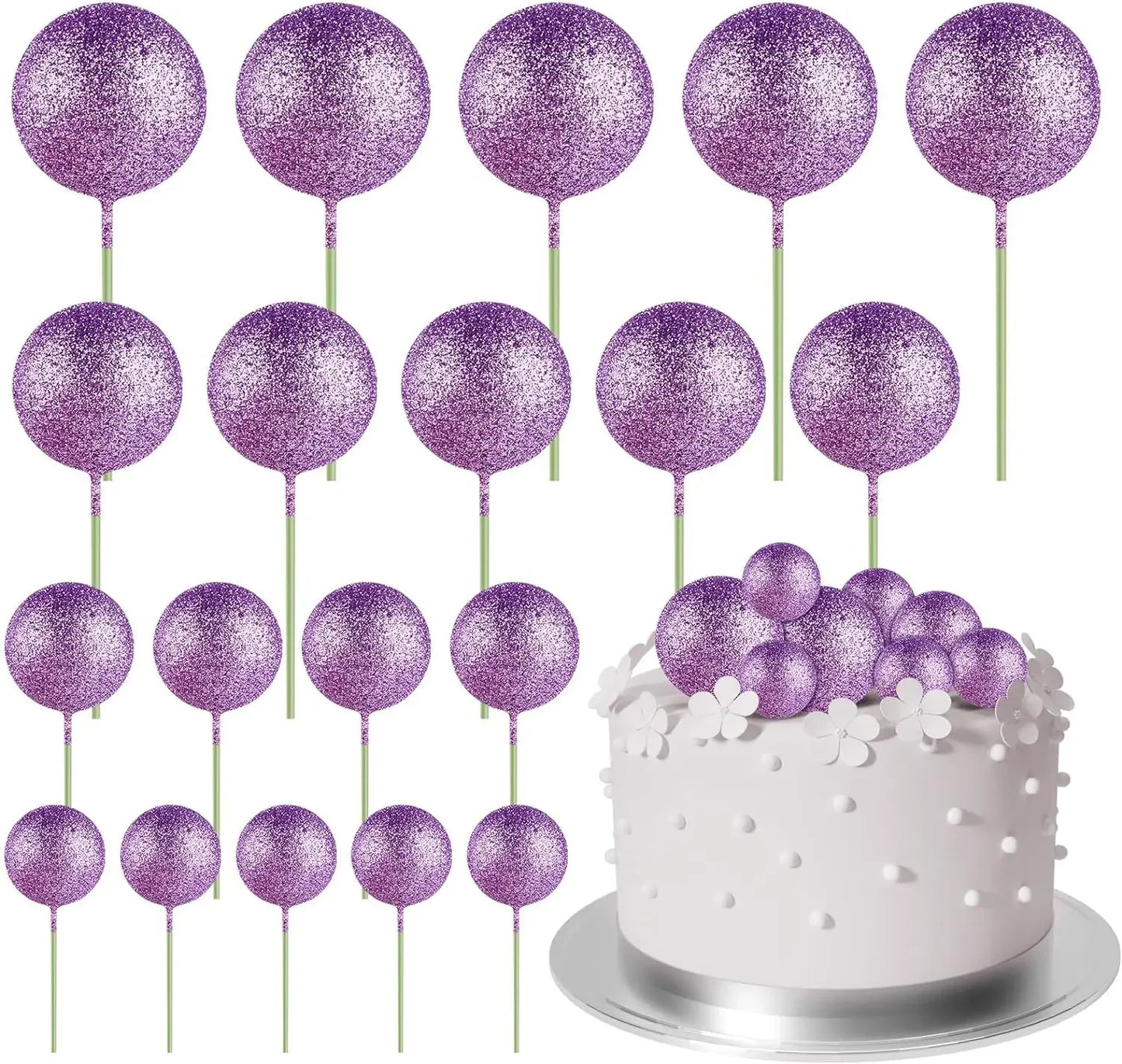 20-Piece Mini Balloon Cake Topper Decorations with Gold Ball Picks - Festive Cake Decor for Celebrations - Glitter Purple