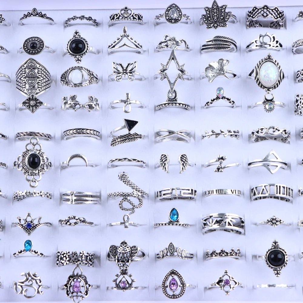 20Pcs/Lot Vintage Bohemia Geometry Flowers Leaf Rings For Charm Women Mix Style Color Fashion Jewelry Gift Accessories