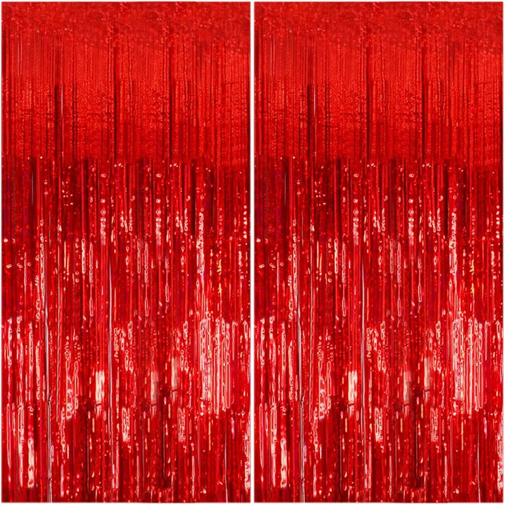 2Packs 1x2m Red Black Foil Curtain Backdrop Black Red Tinsel Party Streamer Curtains Wedding Bridal Shower Birthday Decoratio