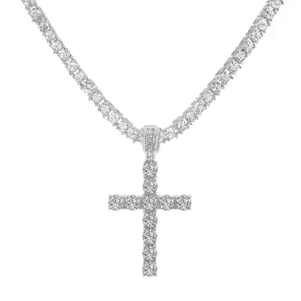 Men Women Hip Hop Cross Pendant Necklace With 4mm Zircon Tennis Chain Iced Out Exquisite Bling Jewelry Fashion Trendy Creativ