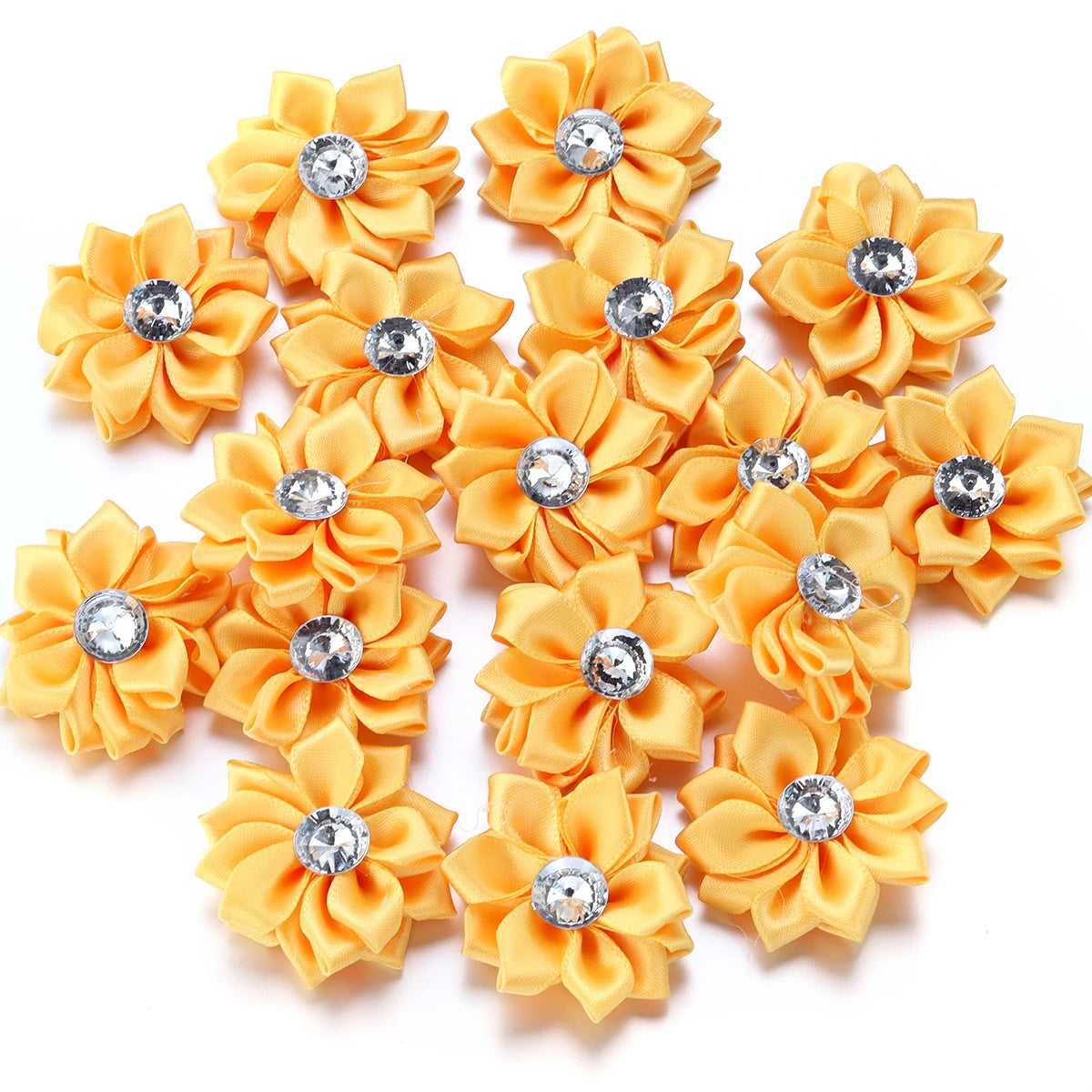 20pcs/lot 40mm Mini Inlaid Rhinestones Small Handmade DIY Satin Ribbon Flowers Head Decorate Clothing Supplies Accessories