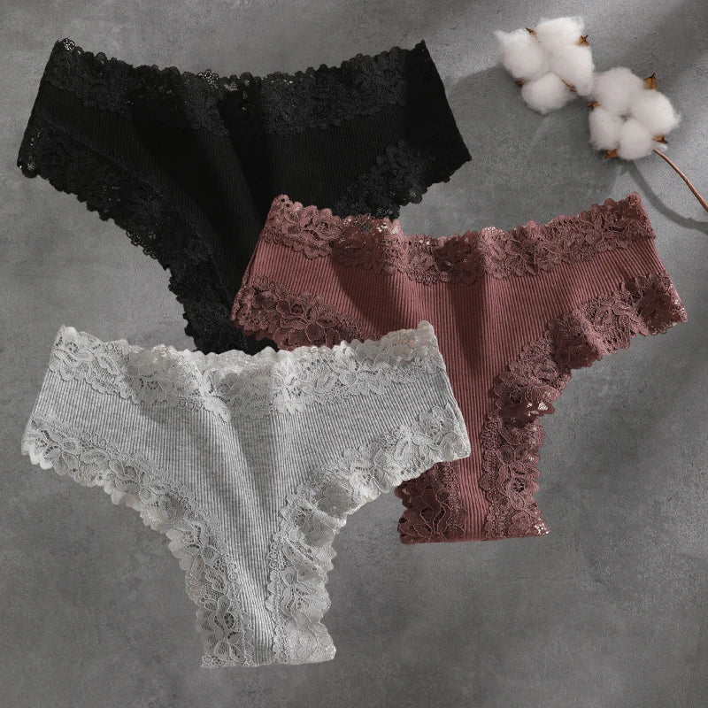 3Pcs Cotton Lace Patchwork Bikini Panties Women Seamless Floral Print Brazilian Pants Low Waist Breathable Female Sexy Linger