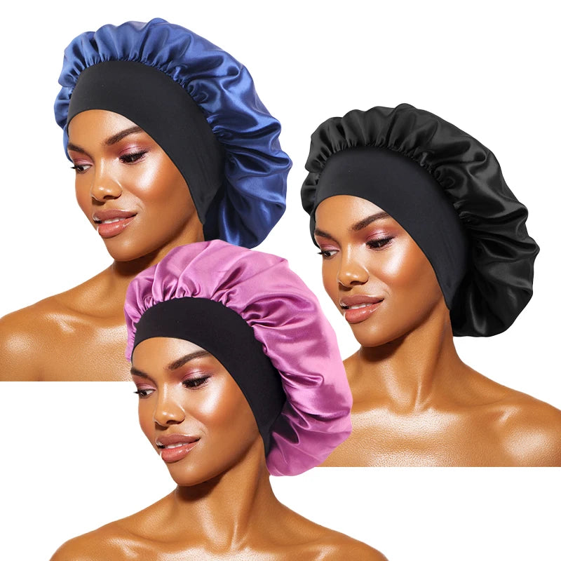 Women's Satin Solid Bonnets Wide-brimmed Night Sleeping Bathing Hat Unisex Head Wrap Elastic Band Cap Hair Care Bonnet - BK N