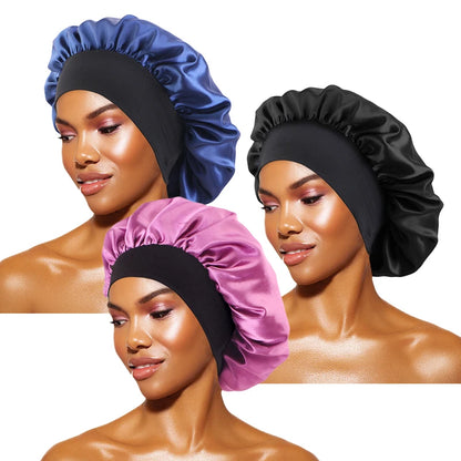 Women's Satin Solid Bonnets Wide-brimmed Night Sleeping Bathing Hat Unisex Head Wrap Elastic Band Cap Hair Care Bonnet - BK N