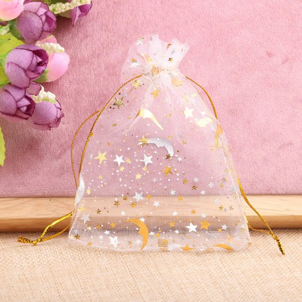 25/50pcs 7x9/9x12/10x15/13x18cm Star Moon Organza Gift Bags Mini Sachet Gold Color Drawstring Bag Jewelry Packaging Pouches -