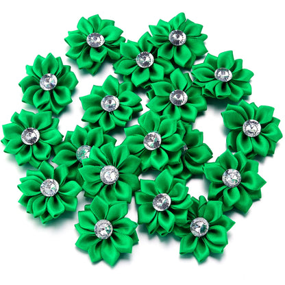 20pcs/lot 40mm Mini Inlaid Rhinestones Small Handmade DIY Satin Ribbon Flowers Head Decorate Clothing Supplies Accessories
