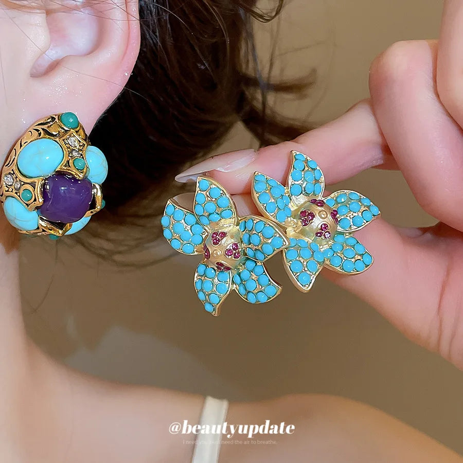 Vintage Resin Stone Crystal Stud Earrings Retro Luxury Temperament Ear Jewelry
