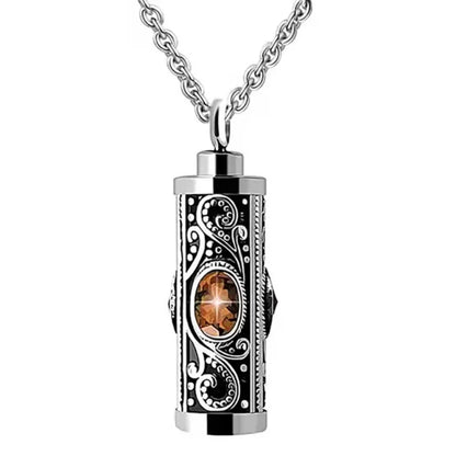 For Men Crystal Cremation Urn Necklace Cylinder Waterproof Ashes Pendant Retro Style Keepsake Memorial Jewelry Human Ashes - 