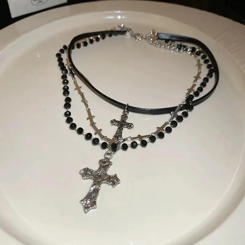 Punk Multi-Layer Cross Necklace Spicy Girl Y2K Vintage Beaded Long Cross Pendant Hip-pop Personalized Chain Long Necklace