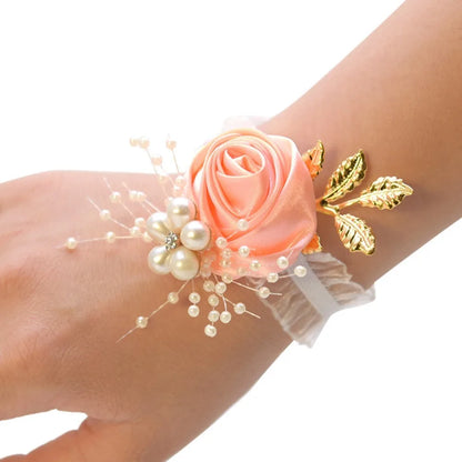 Bridesmaid Wrist Flowers Rose Corsage Pearl Polyester Ribbon Bracelet Wedding Accessories
