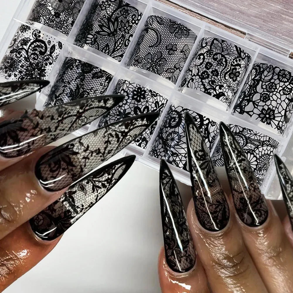 4X25cm-10rolls Sexy Black White Lace Nail Foils Untra-Thin White&Black Lace Flowers Nail Transfer Paper For Wedding Bride Dec