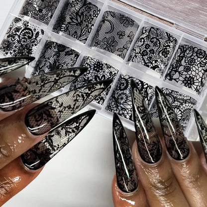 4X25cm-10rolls Sexy Black White Lace Nail Foils Untra-Thin White&Black Lace Flowers Nail Transfer Paper For Wedding Bride Dec