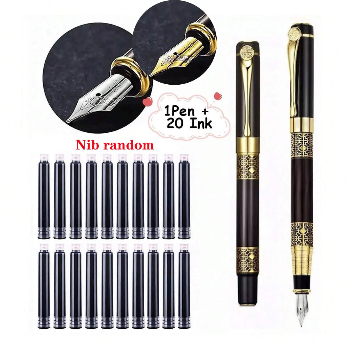 1-100Pcs/Set Retro Metal Fountain Pen Replaceable Ink Elegant Gift for Writing Stationery Office School Supplies - Black-Blac