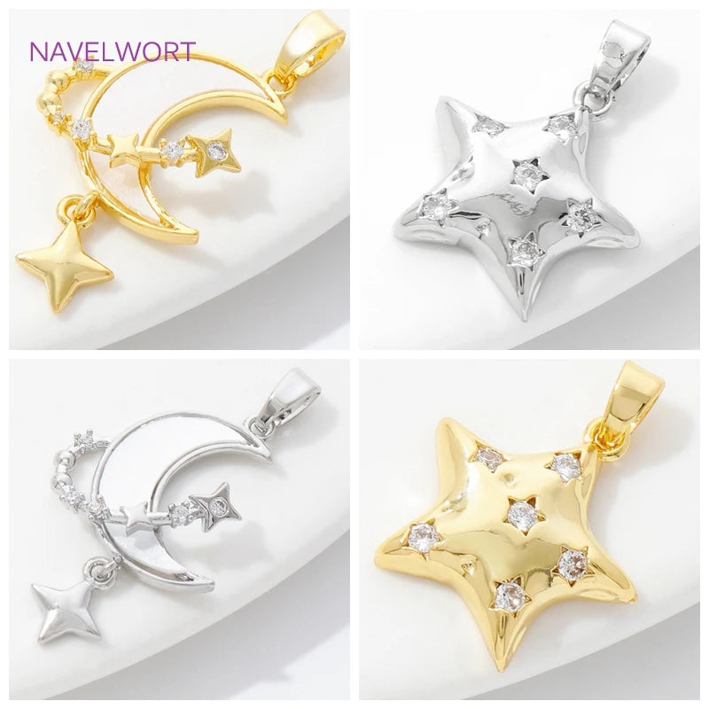 Pendants For Necklace Accessories 18K Gold Plated Brass Inlaid Zircon Moon/Star Charm Pendant DIY Jewelry Making Supplies