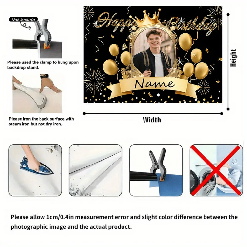 Party Banner 1pc Personalized Customization of Photos and Name Text, Black Golden Theme,for Family Party Events,Birthday Part