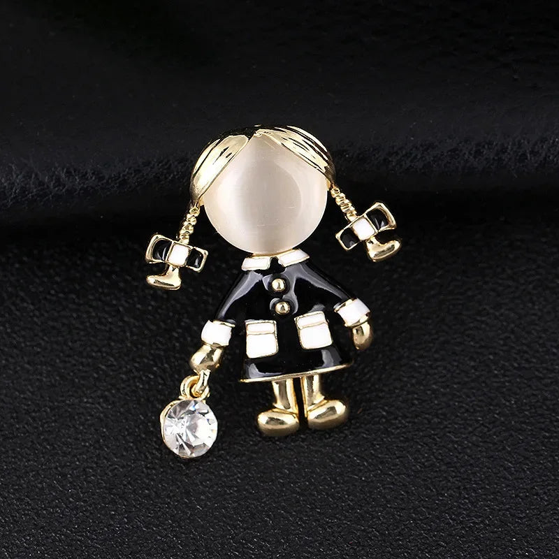 Small Cute Little Girl In Black Dress Nurse Brooches Rhinestone Crystal Brooch Pin Drop Oil Corsage Clothing Coat Jewelry