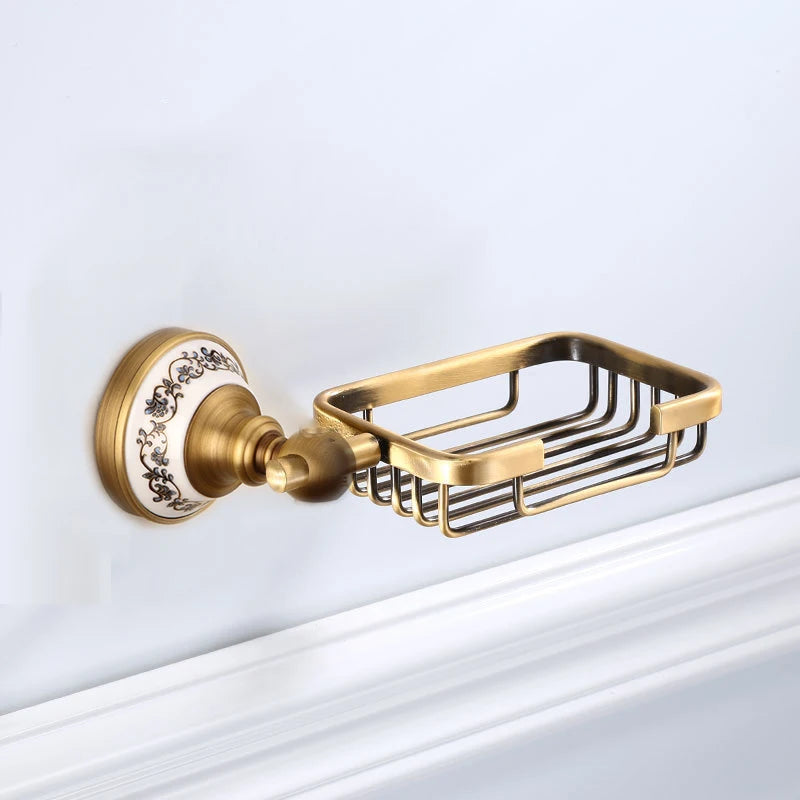 Antique Brushed Solid Brass Bathroom Accessories Sets European Porcelain Bathroom Hardware Sets Ceramic Retro Bathroom Produc